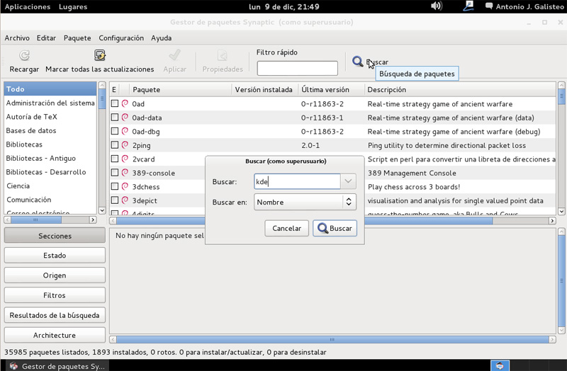 buscar kde synaptic debian