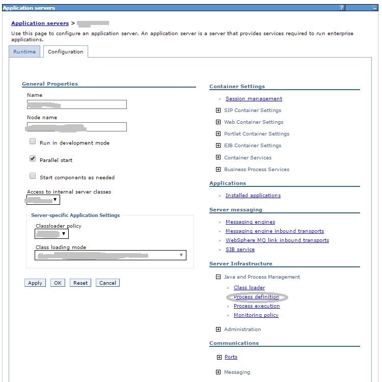 Configuración Java WebSphere