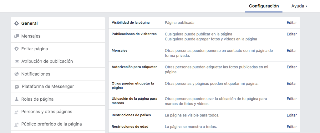 Configuración eliminar pestañas en fanpage