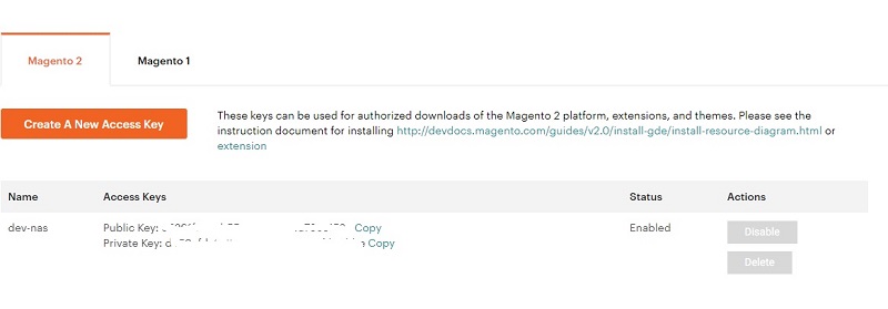 usuario instalacion magento access token