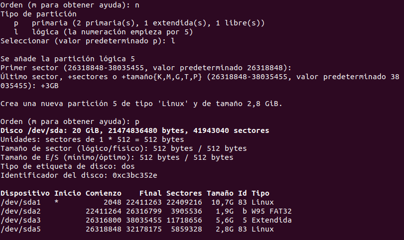 Crear partición lógica con fdisk