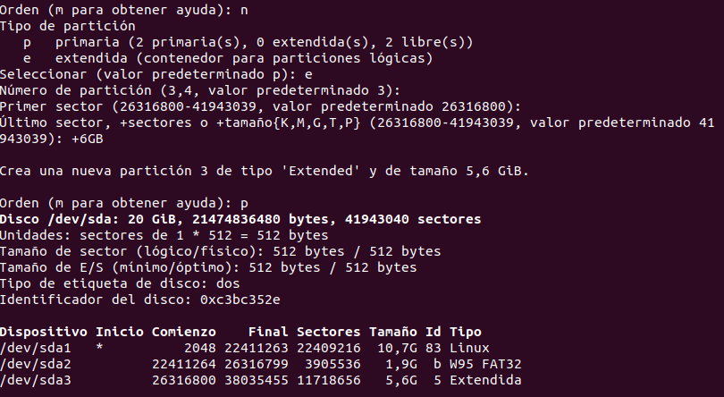 Crear una partición extendida con fdisk