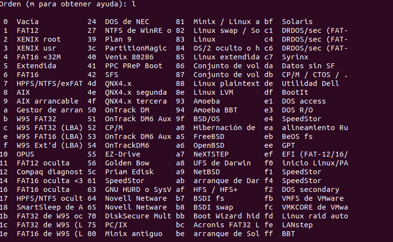 Ver tipos de particiones con fdisk