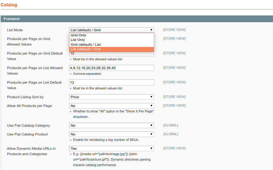 Vista de grilla o lista por defecto en listado de productos en Magento