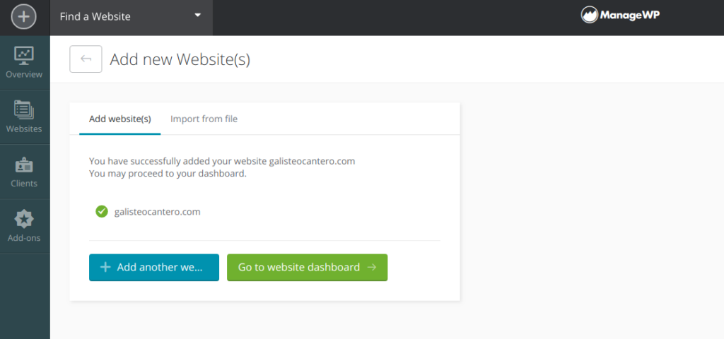 Sitio web agregado a ManageWP